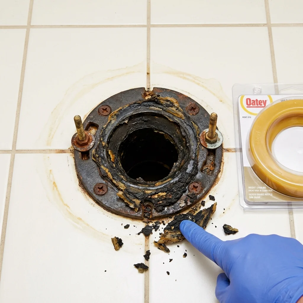 Failed wax ring showing water seepage at the base of a toilet in a Reserve, NM home