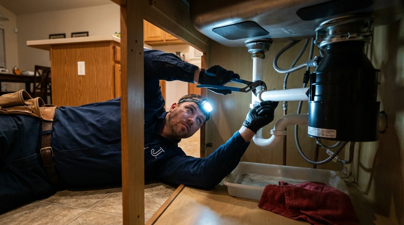 P-trap and supply line connections under a kitchen sink showing a common leak point in Reserve, NM